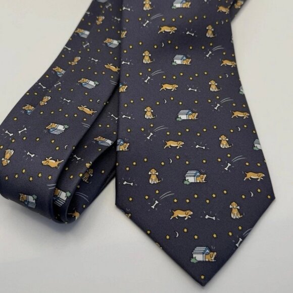 100% REAL HERMES TIE ~ DARKER BLUE w/ FUN BROWN DOG HOUSE STARS MOONS BONES XL - Picture 2 of 6